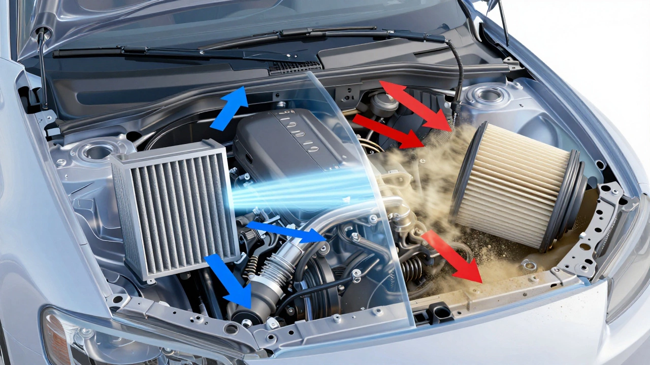 Diagram showing correct vs incorrect air filter fitment in engine