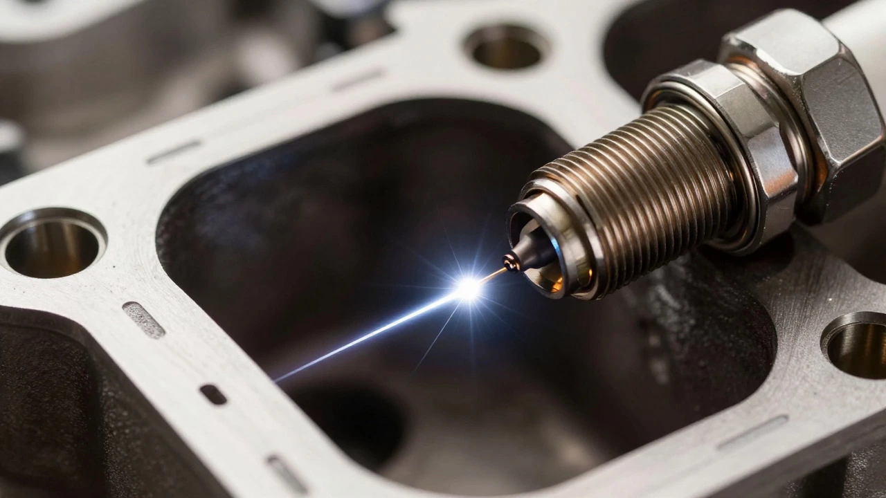 Macro shot of a bright electric spark jumping across a new iridium plug gap