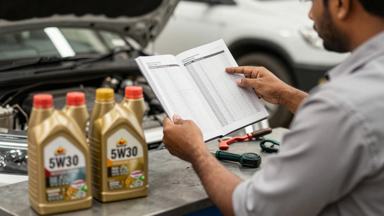 Mechanic checking oil specs in a manual next to 5W30 and 10W30 bottles.