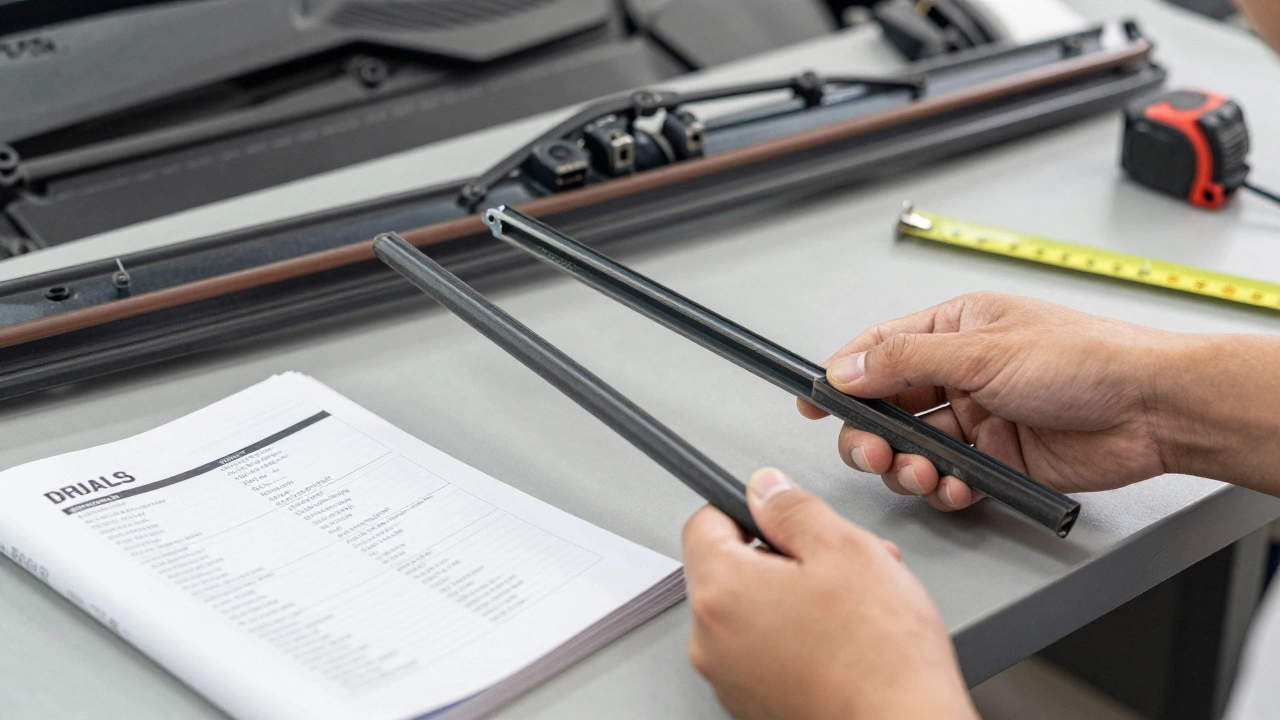 Mechanic comparing new and old wiper blades next to a vehicle manual and measuring tape.