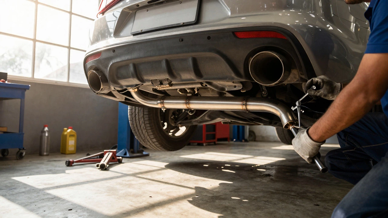 Mechanic installing a stainless steel exhaust system on a lifted car in a workshop