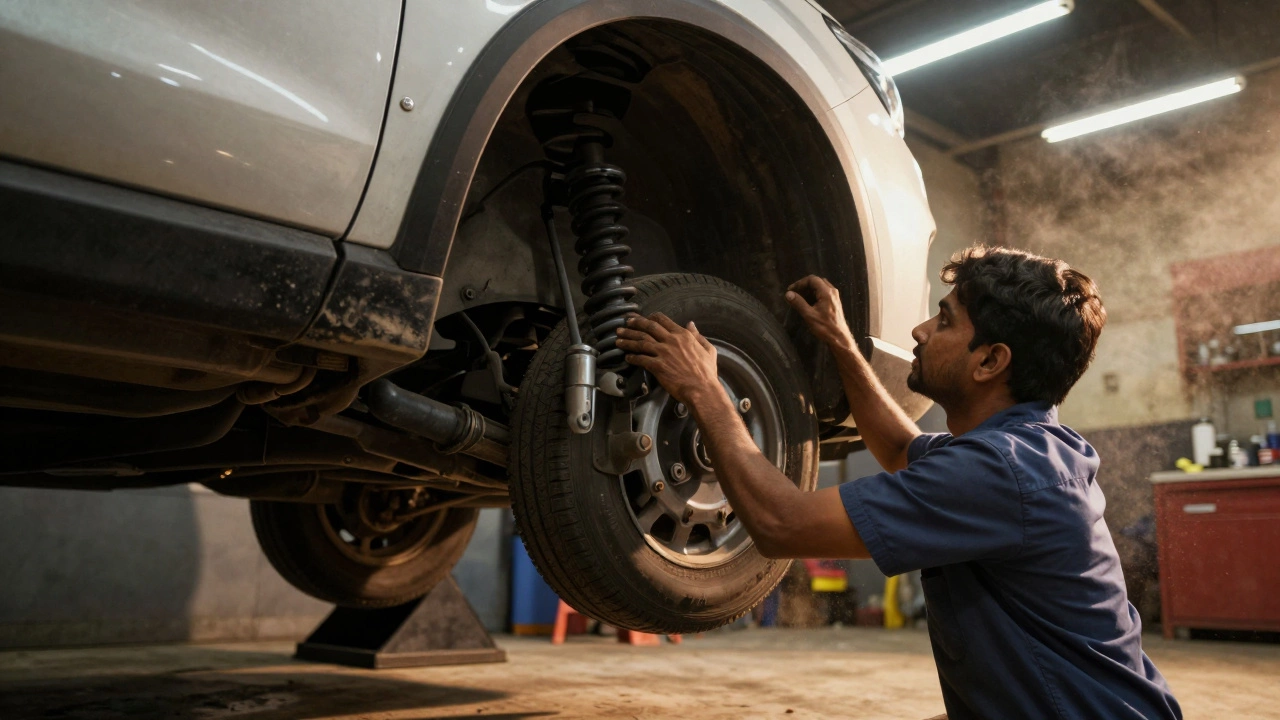 Mechanic performing a bounce test on a car wheel to diagnose suspension issues in a garage