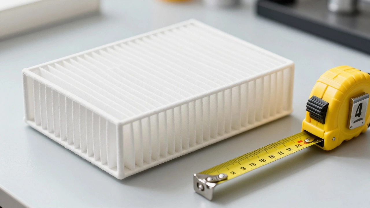 New air filter being measured with a tape ruler on a workbench