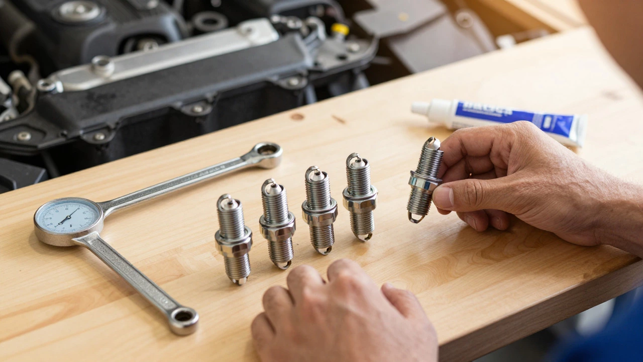New spark plugs and tools like torque wrench laid out on a garage workbench
