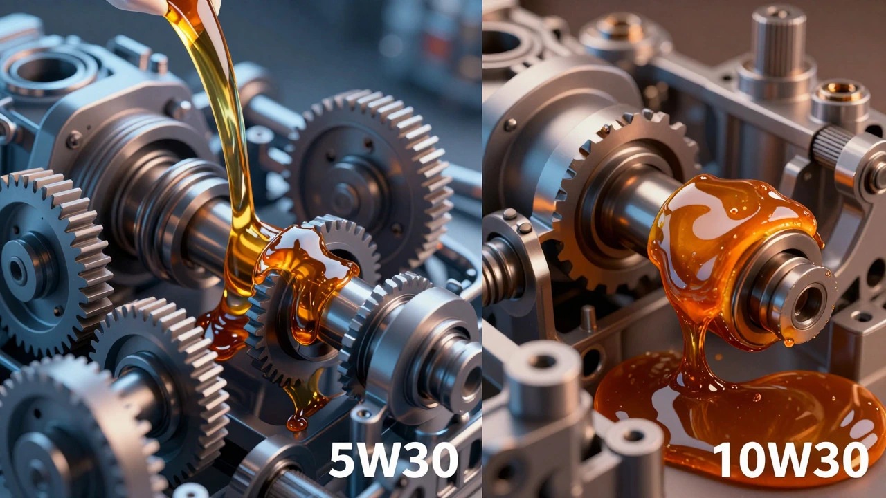 Split view comparing fast-flowing thin oil vs thick slow-moving oil in engine parts.