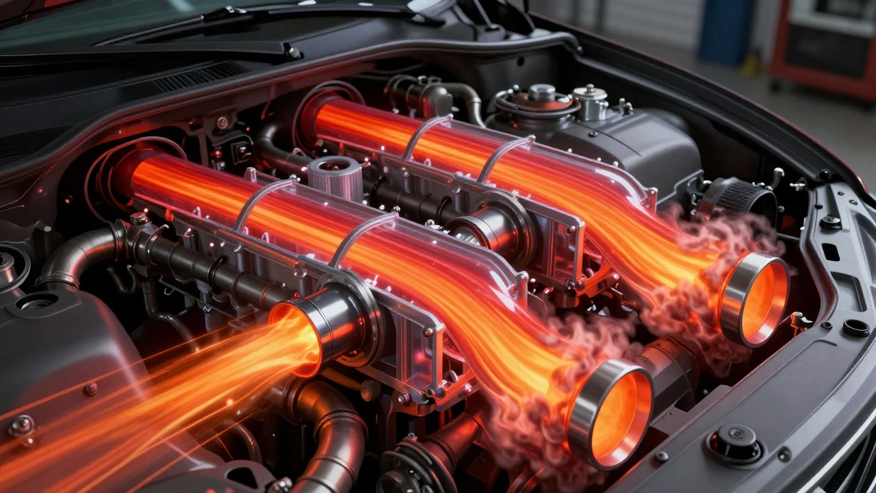 Transparent engine view showing exhaust gas flow and pipe diameter effects
