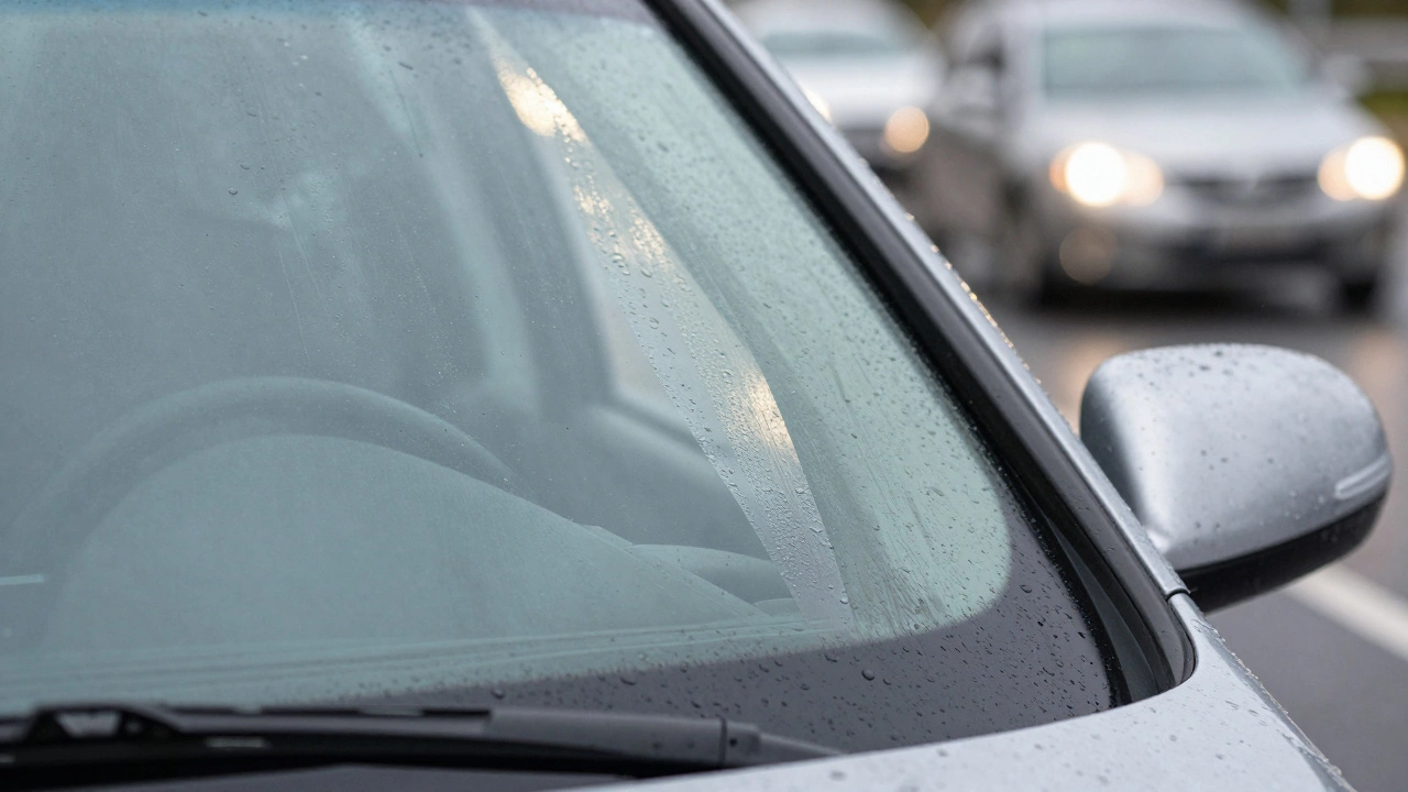 Undersized wiper blade leaving a blind spot of raindrops on the corner of a car windshield.