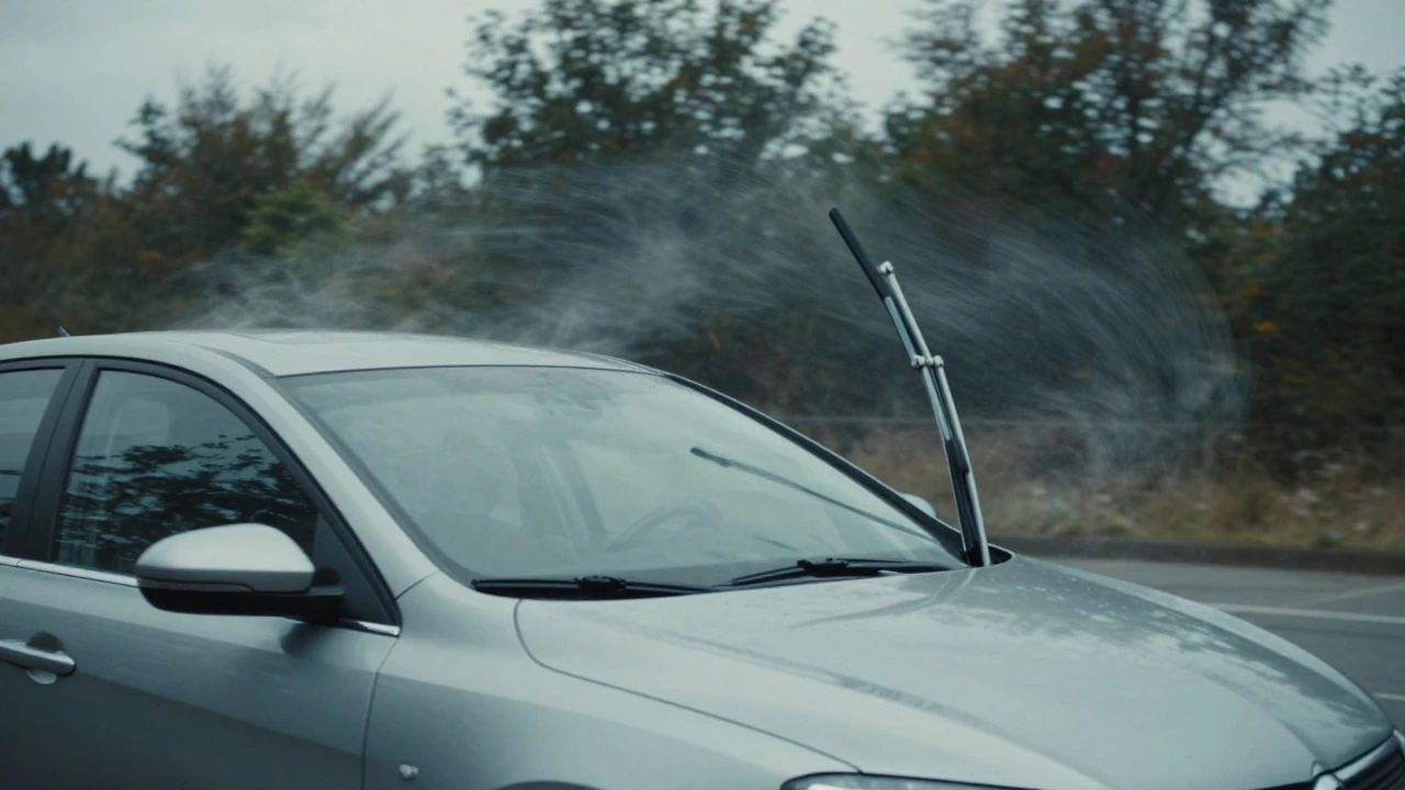 Wind bending a vertically parked windshield wiper arm on a car