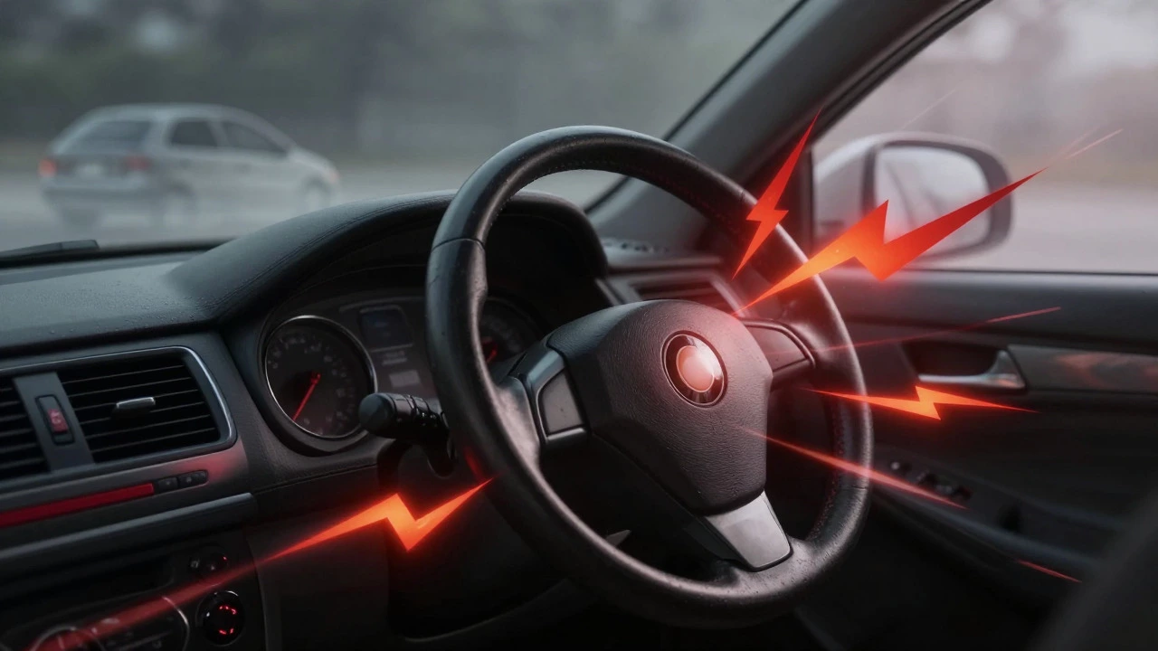 Abstract illustration of a vibrating steering wheel and brake warning signs