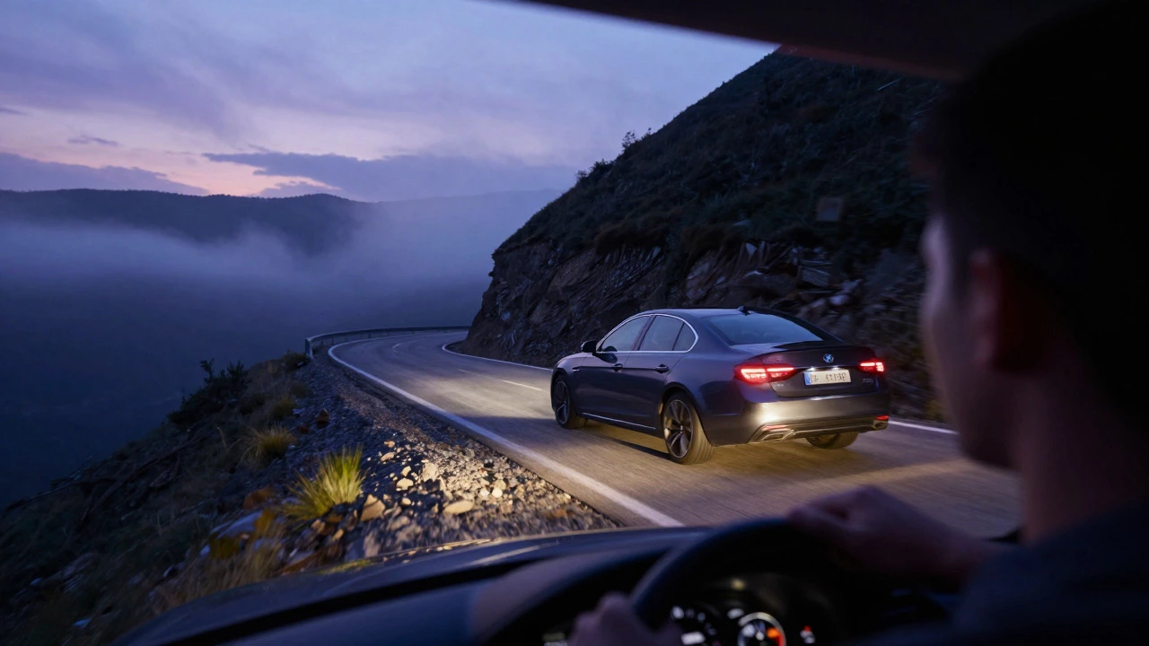 Car driving on a steep mountain road at dusk with headlights on