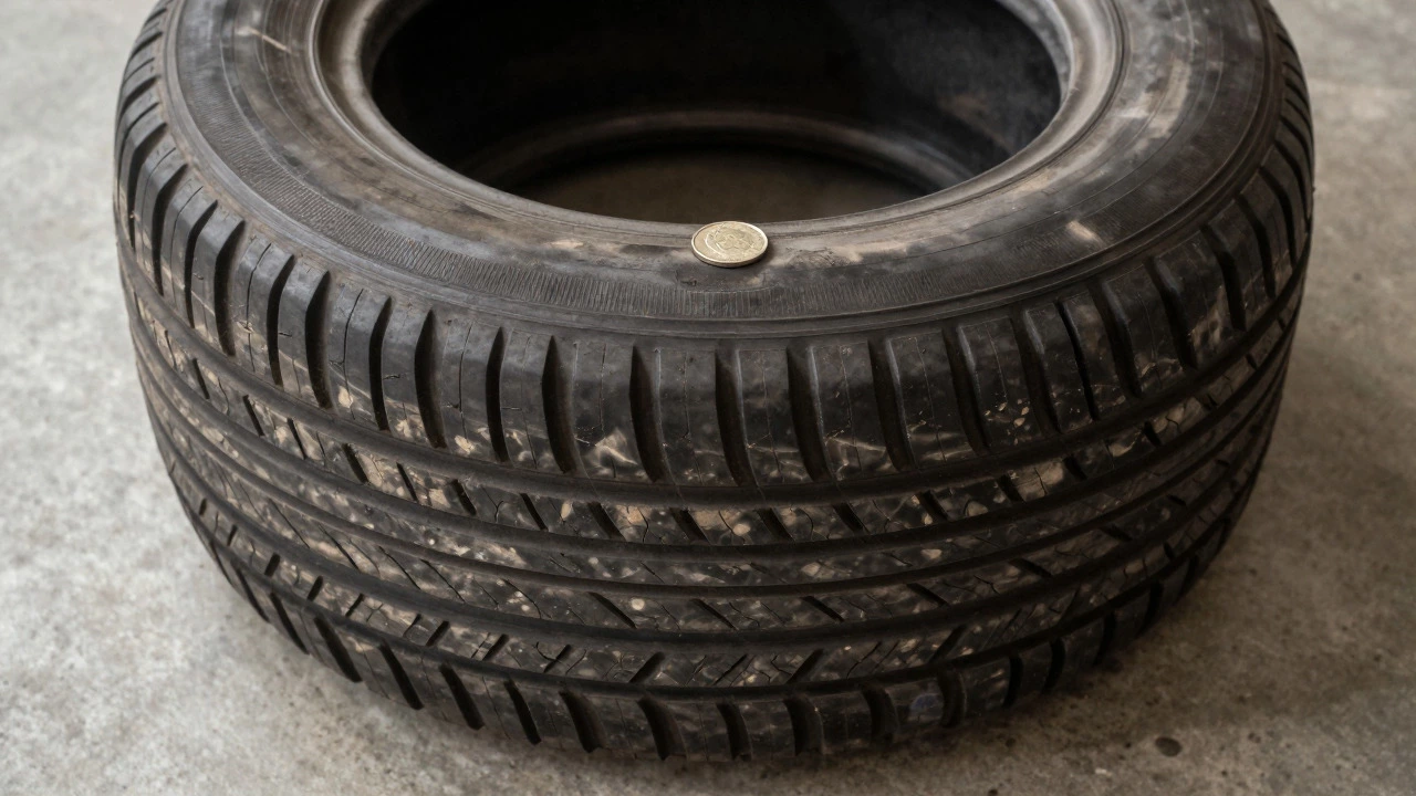 Car tire showing cupping wear pattern on the tread with a coin for scale