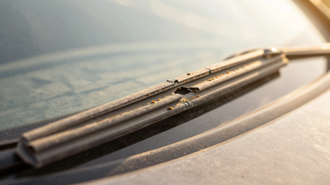 Close-up of a cracked, worn-out wiper blade rubber edge