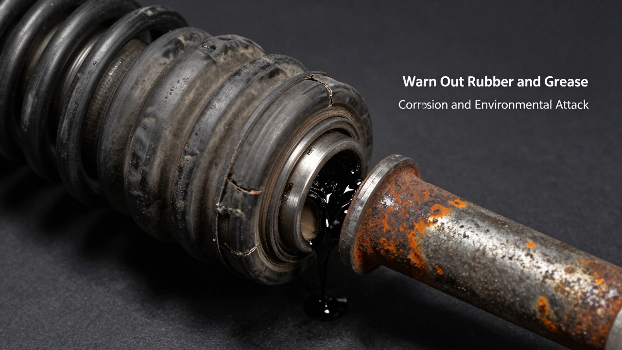 Close-up of cracked bushings and leaking ball joint boots