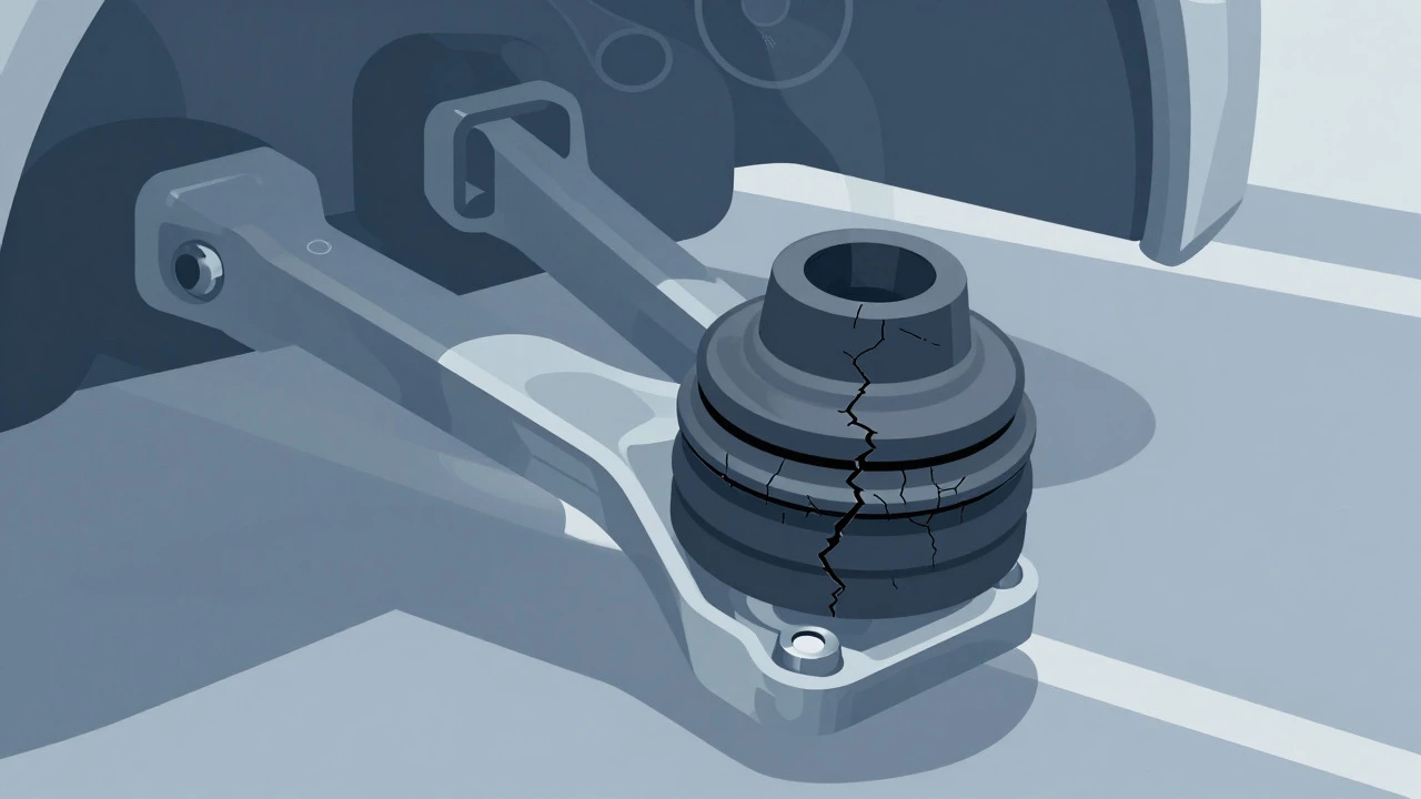Cross-section illustration of a cracked rubber bushing on a metal control arm