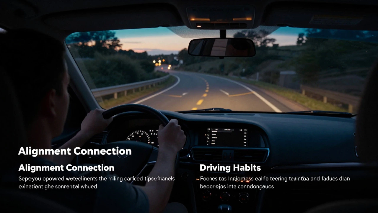 Driver correcting steering wheel while driving on rough roads