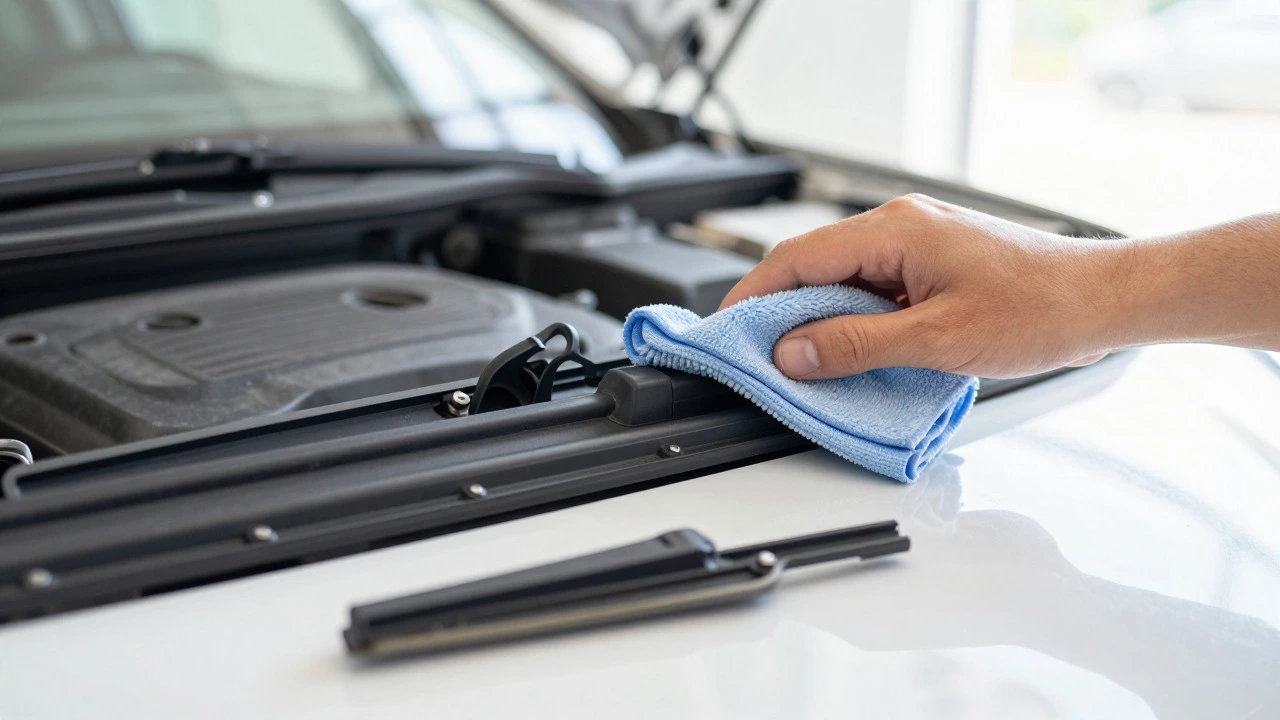Hands cleaning and replacing a car wiper blade in a workshop
