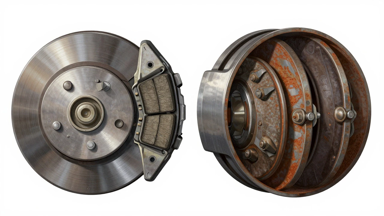 Illustration comparing the structure of a front disc brake and a rear drum brake