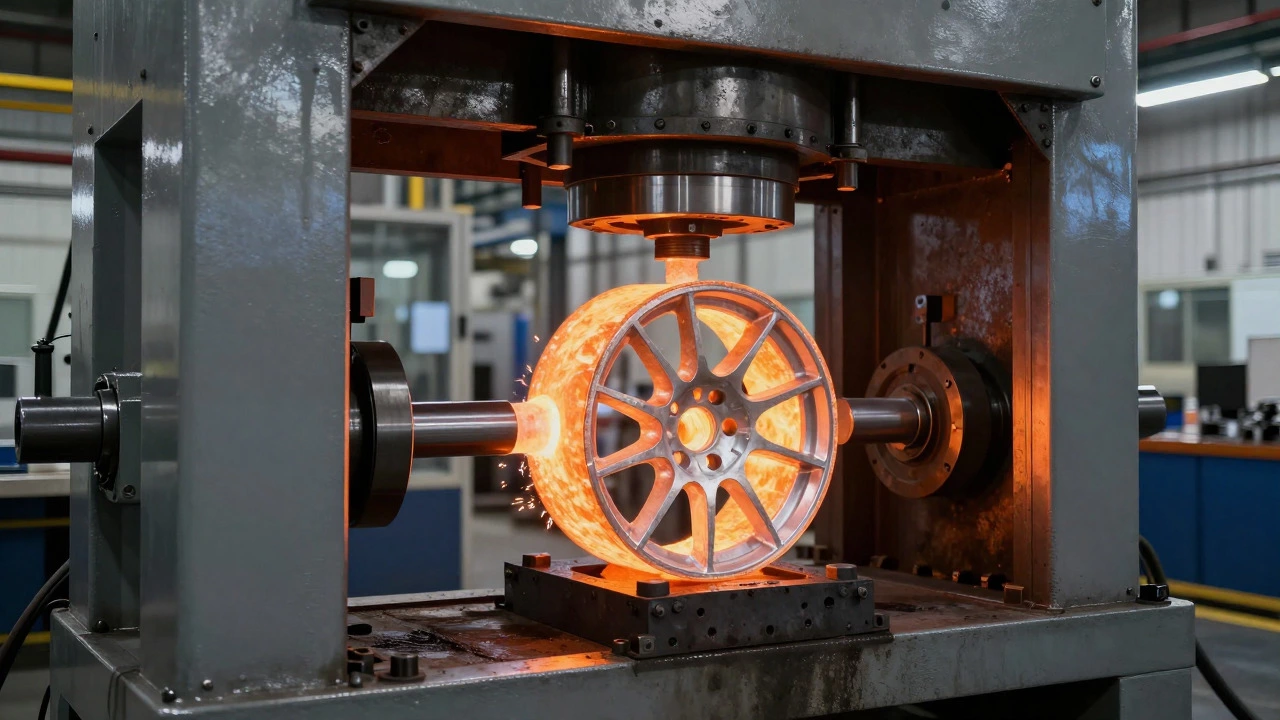 Industrial machine forging an aluminum wheel under high pressure