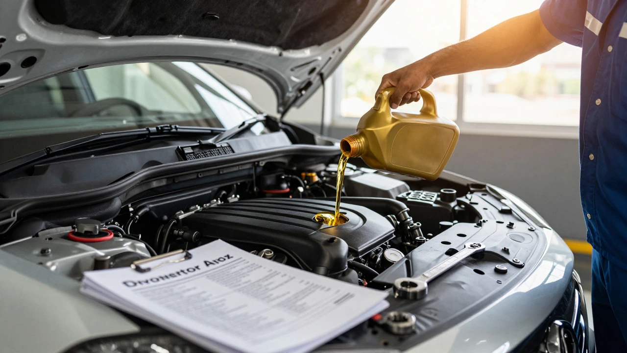 Mechanic pouring golden synthetic oil into a car engine in a garage