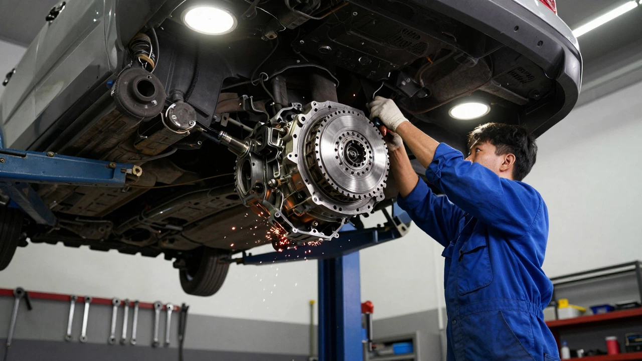 Mechanic removing a gearbox from a car in a garage