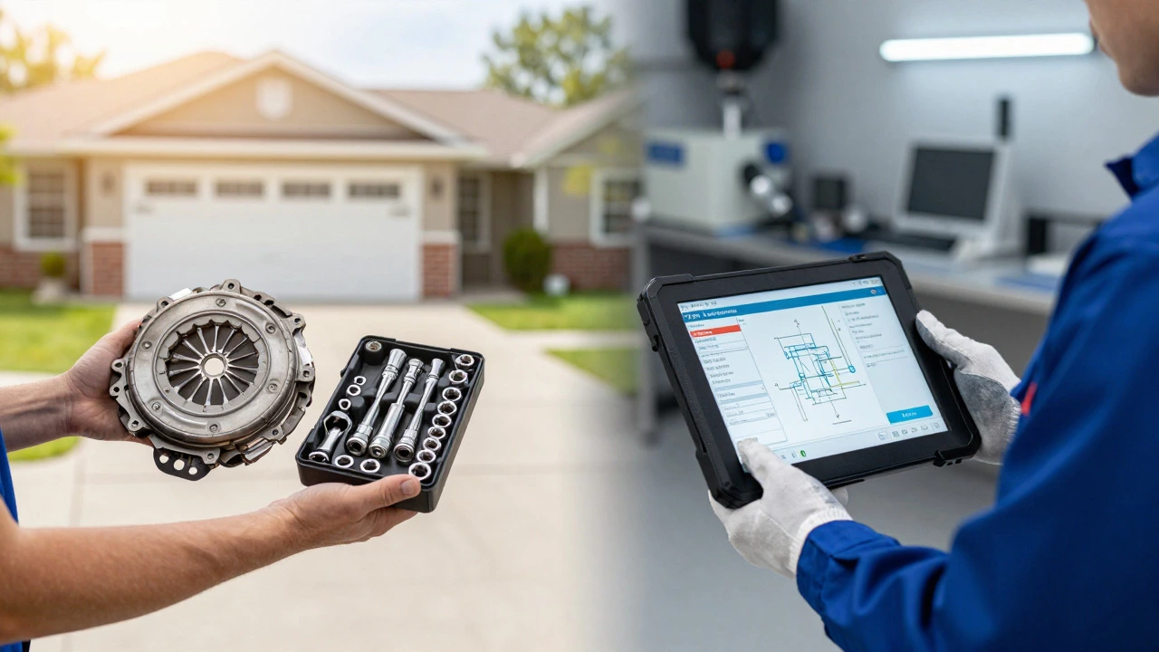 Split view comparing DIY clutch repair vs professional service