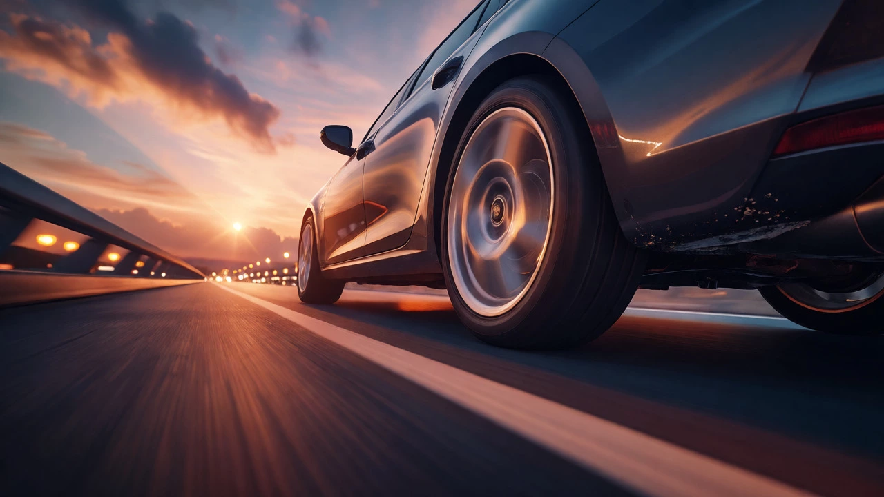 Car driving on highway at sunset showing mileage accumulation