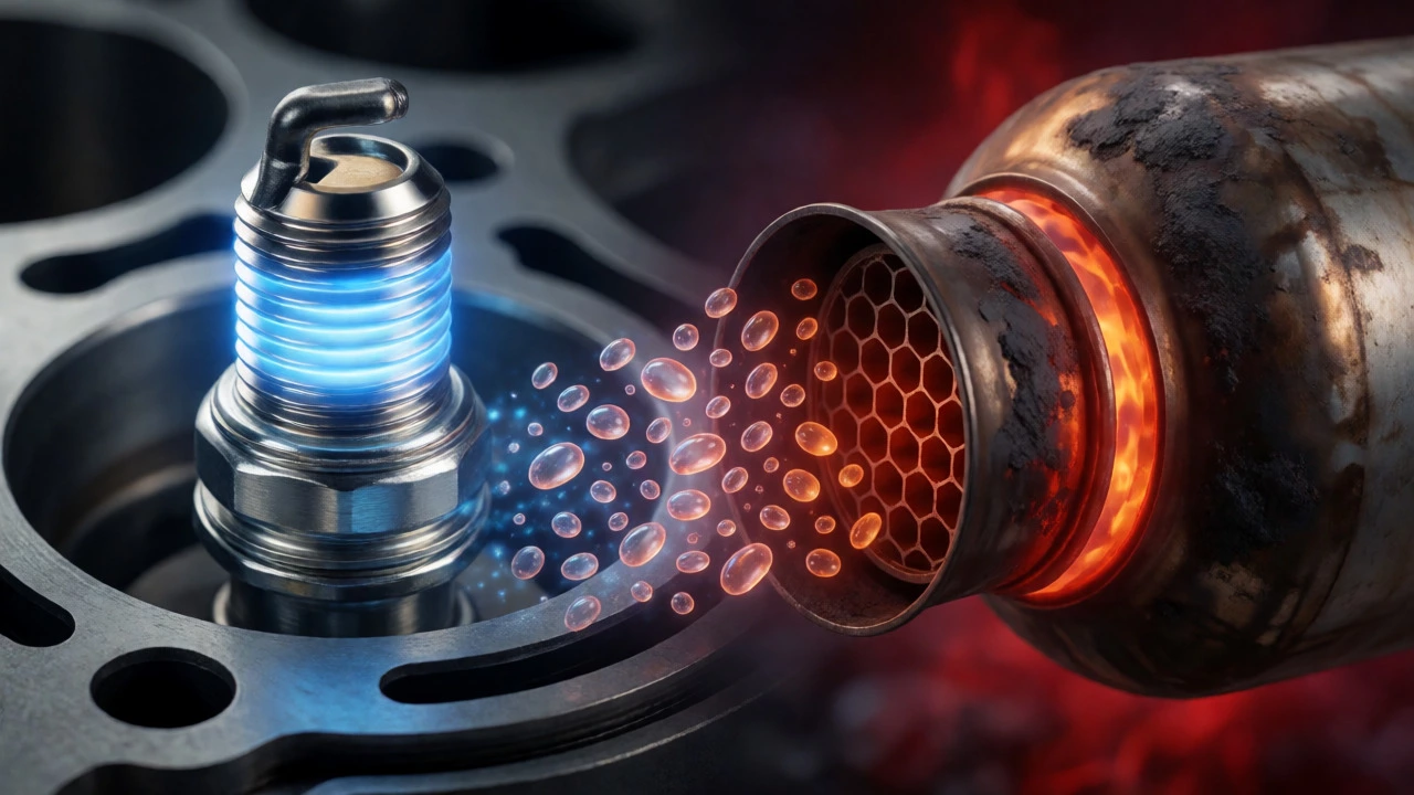Comparison of a clean spark plug and a damaged catalytic converter