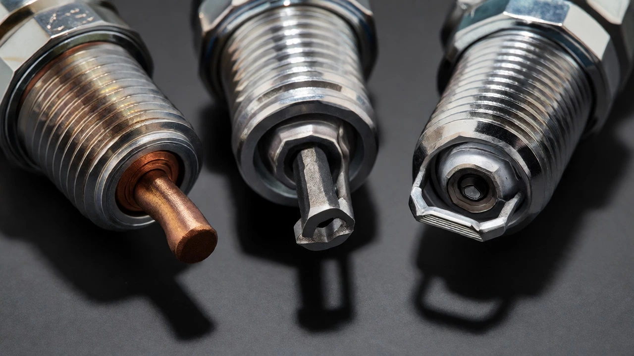 Comparison of copper, platinum, and iridium spark plugs showing electrode wear.