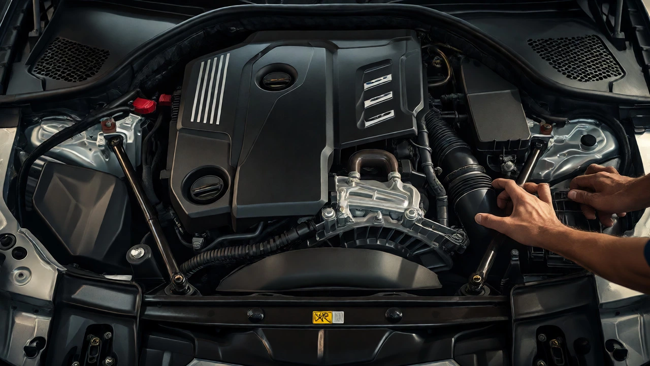 Complex engine bay of a luxury car during radiator repair