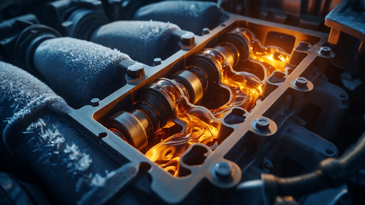 Cross-section of engine showing oil flow on a frosty morning