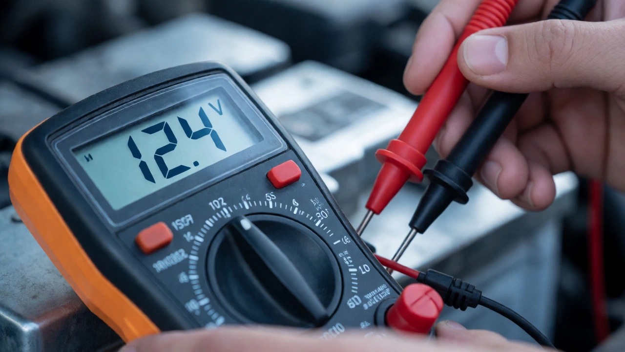 Digital multimeter measuring voltage on car battery terminals with probes connected.