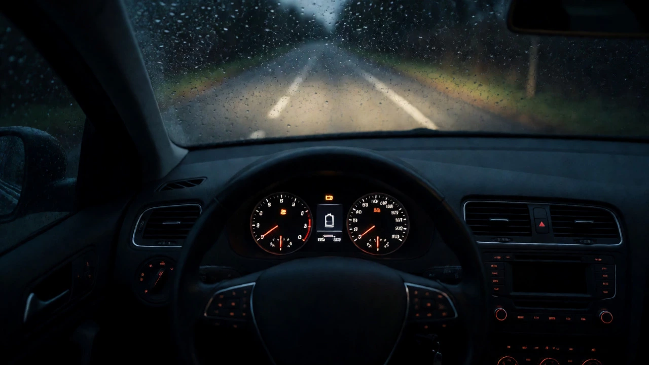 Dimming headlights and illuminated battery warning light on car dashboard at night.