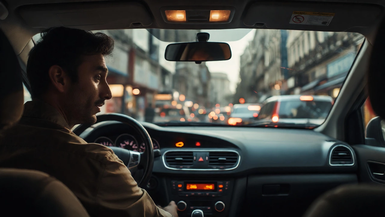 Driver checking a glowing check engine light during heavy city traffic.