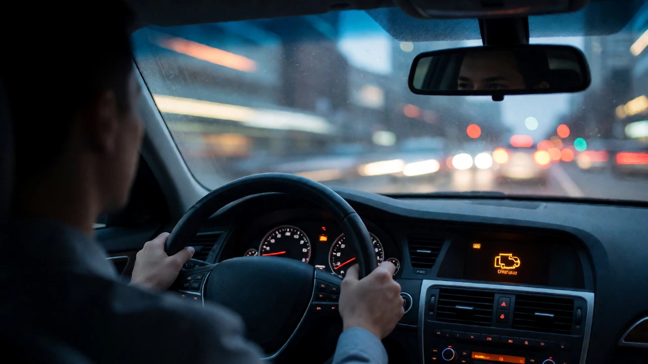 Driver seeing a flashing check engine light in heavy traffic