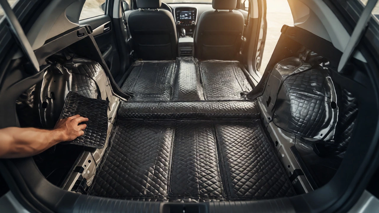 Mechanic applying black sound-deadening material to the floor of a car trunk to reduce noise.