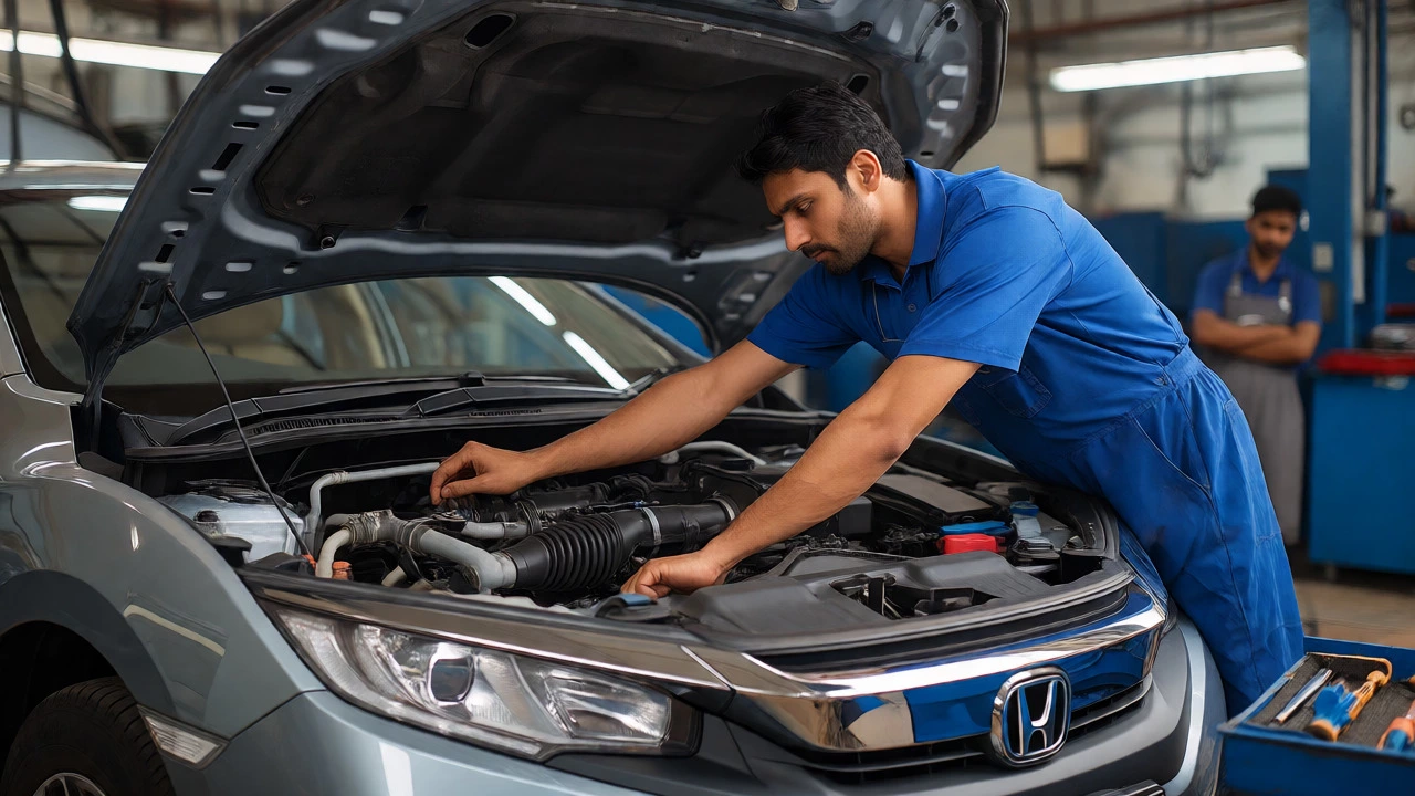 Mechanic replacing a radiator in a standard sedan at a workshop