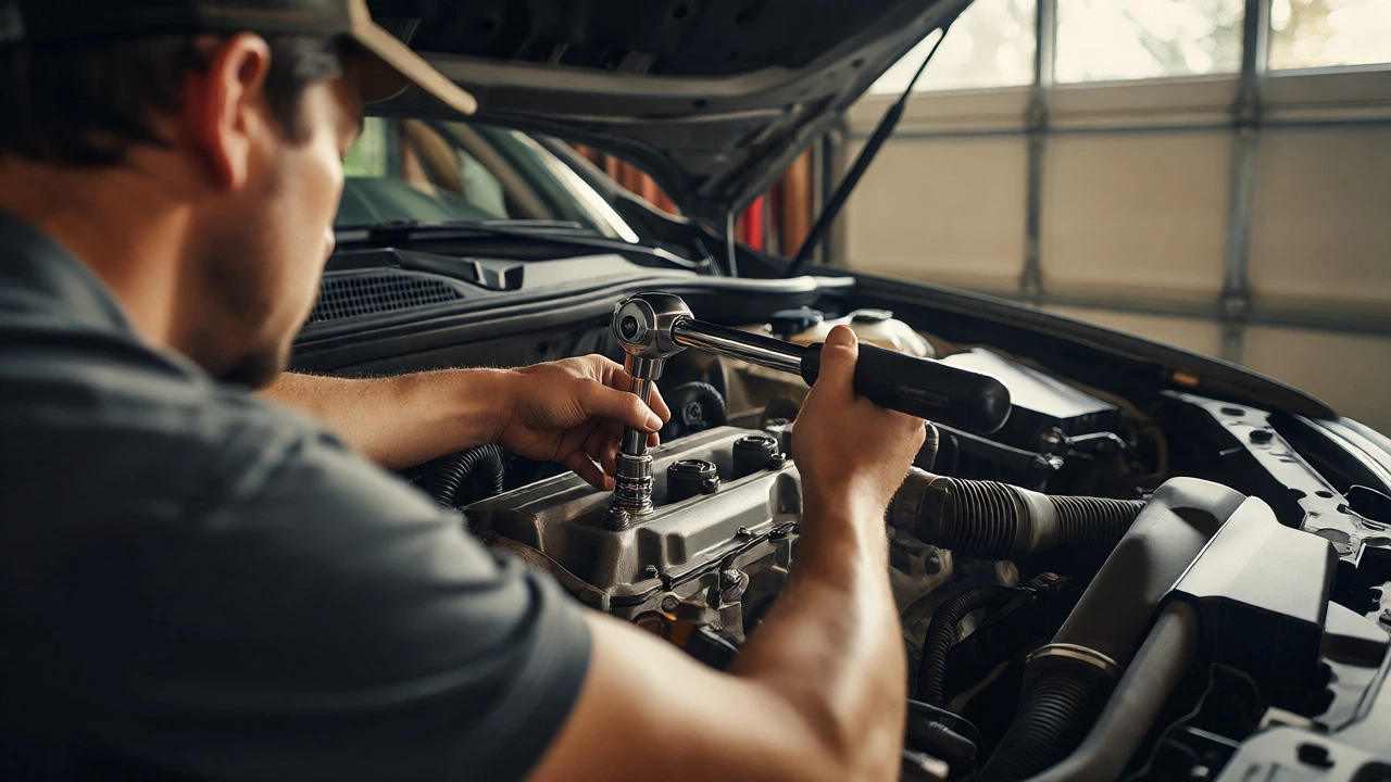 Mechanic using a torque wrench to install a new spark plug into a car engine