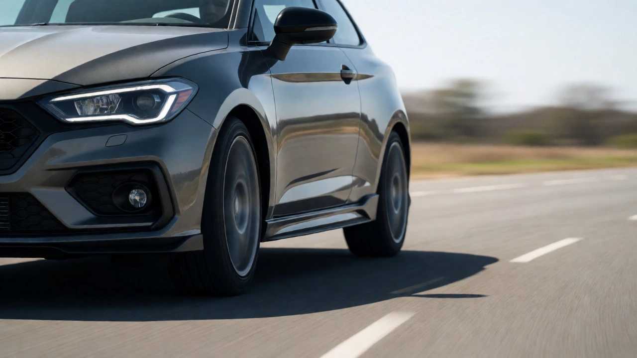 Modified hatchback accelerating hard on the road, demonstrating clutch performance.