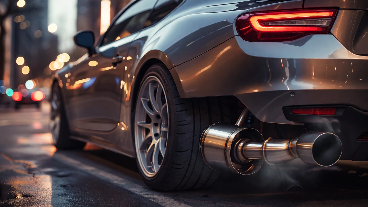 Modified sports car with aftermarket stainless steel muffler and exhaust tip on a wet street at dusk.