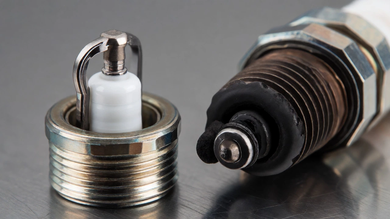 Side-by-side comparison of a new iridium spark plug and a carbon-fouled used spark plug
