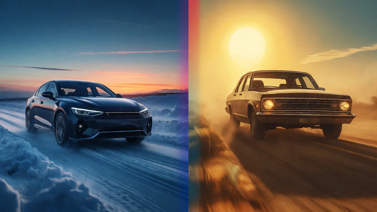 Split view of car in snow versus car in hot desert climate