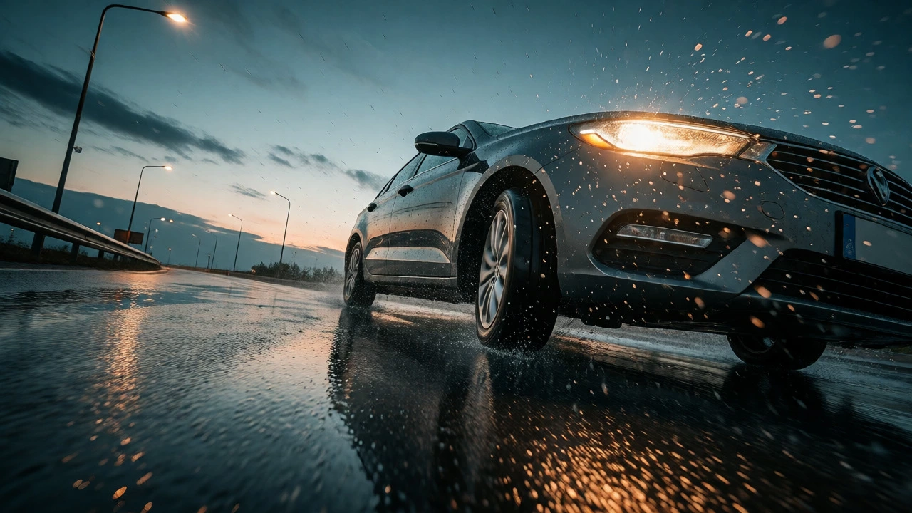 Car leaning heavily in a turn on a wet road showing body roll