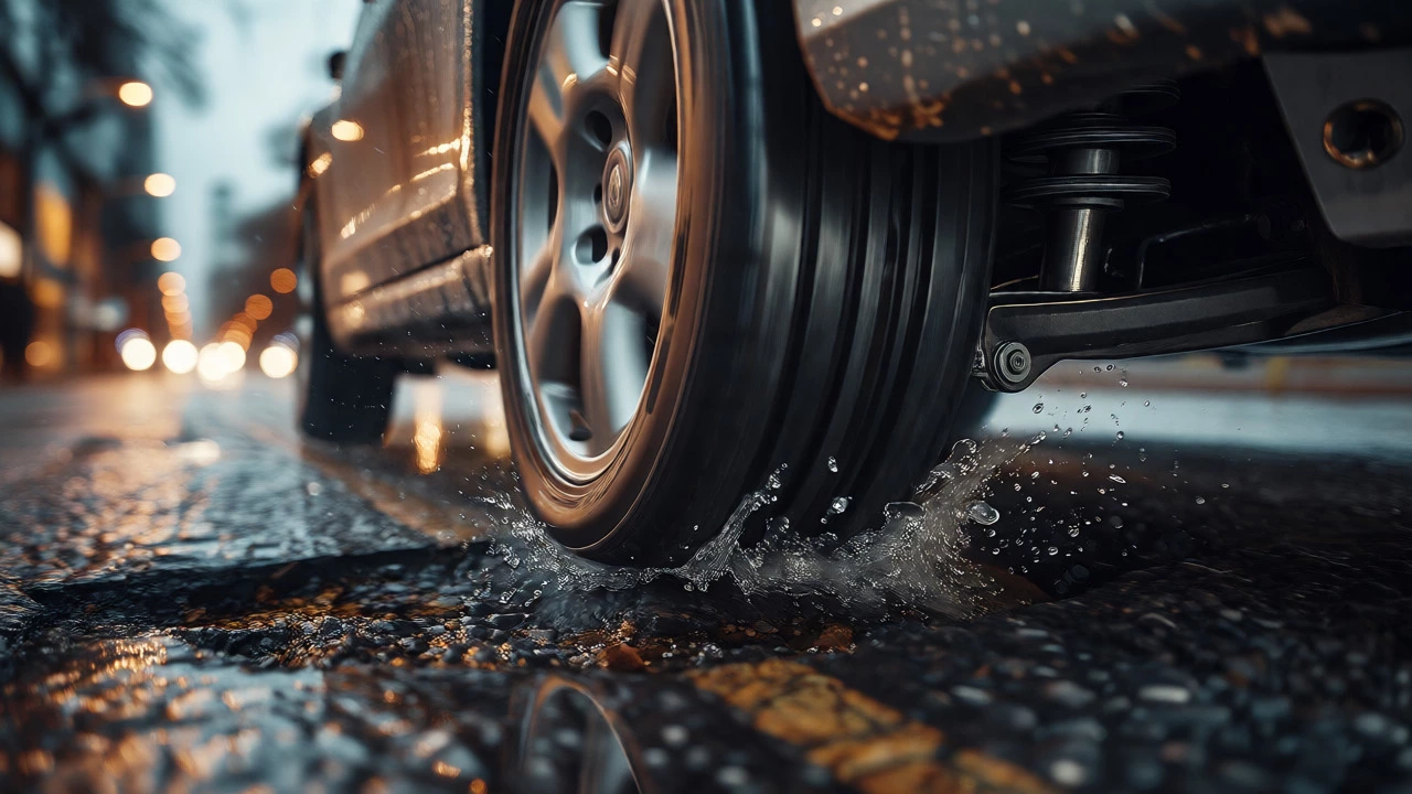 Car suspension compressing over a pothole on a wet road surface.