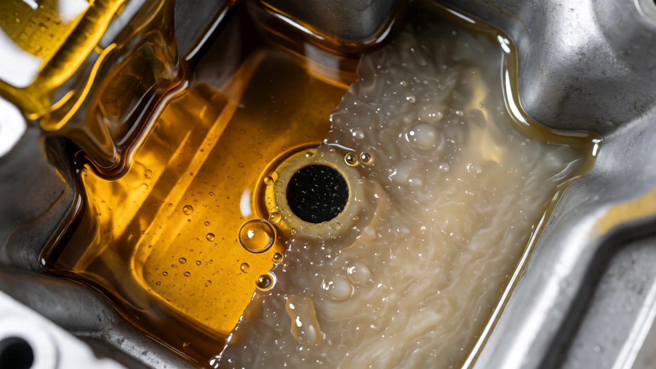 Close-up comparison of clean engine oil versus milky sludge from moisture buildup