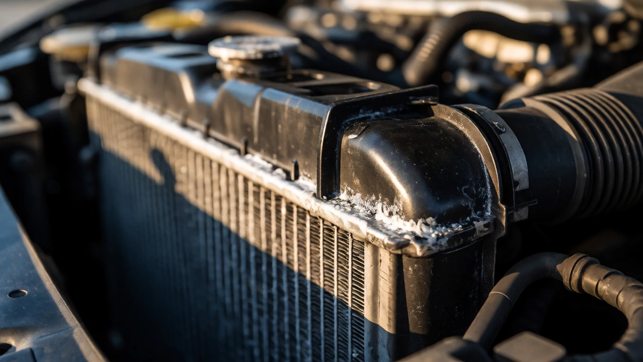 Close-up of car radiator showing white crusty coolant leaks at hose connections
