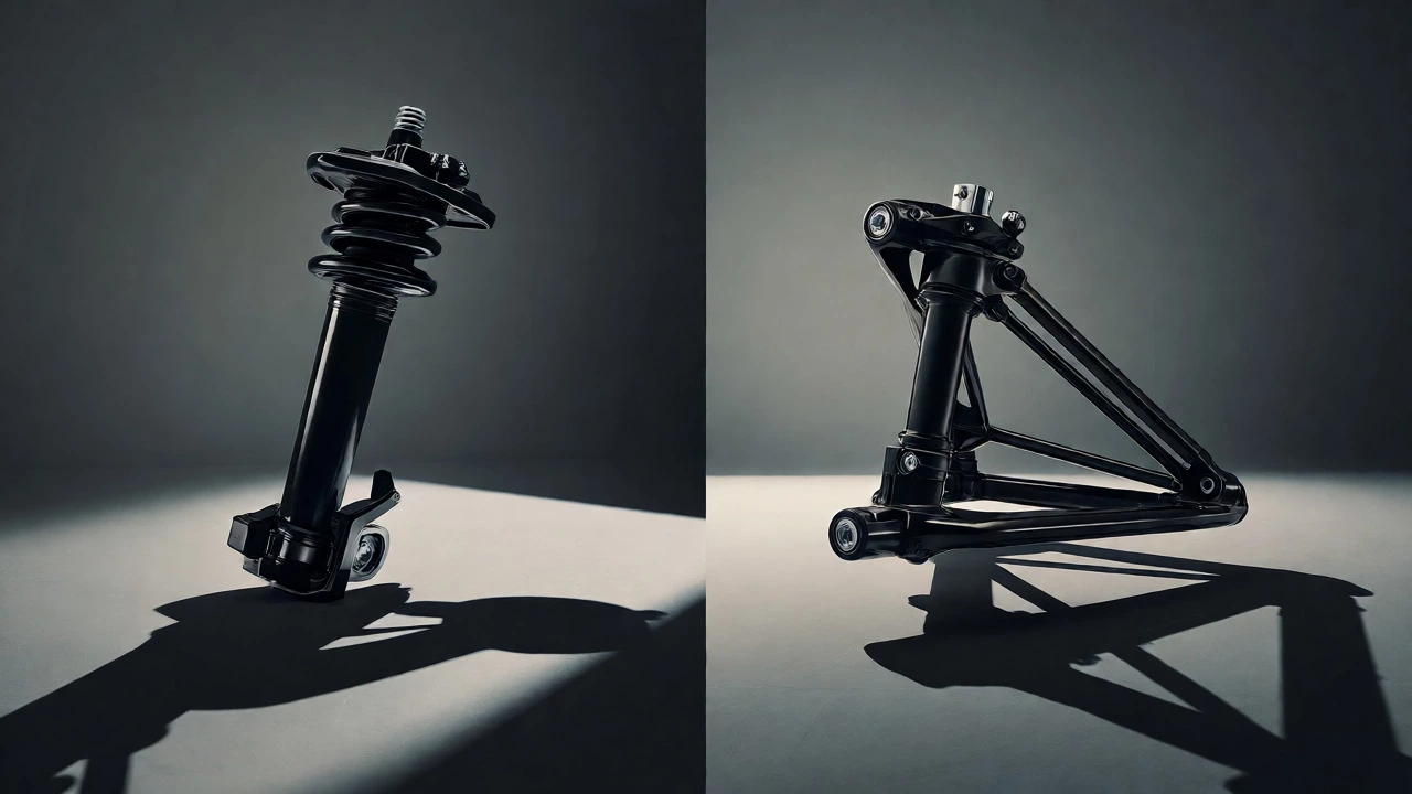 Comparison of MacPherson strut and double wishbone suspension systems side by side.