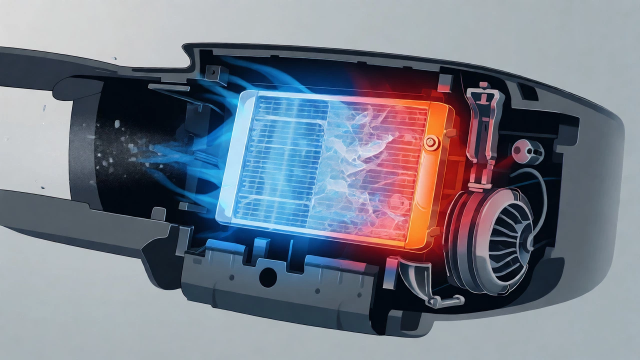 Cross-section of frozen evaporator coil blocking airflow in car AC