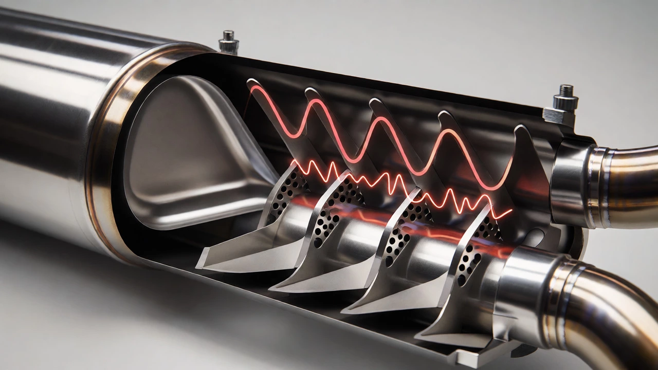 Cutaway view of a muffler showing internal delta flow deflectors