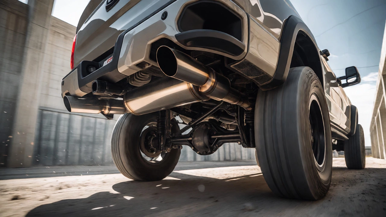 Low-angle view of a truck's large exhaust system in an industrial setting