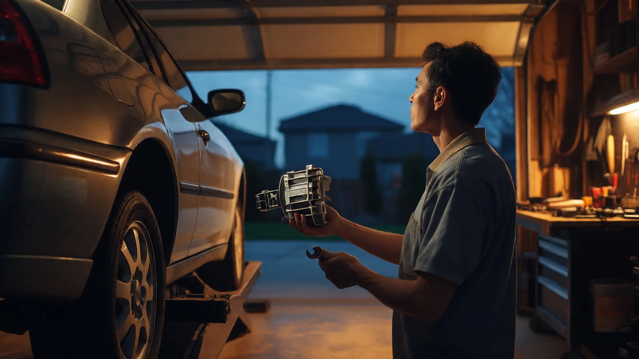 Person deciding between DIY and mechanic in garage holding fuel pump